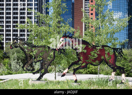 Cavalli al galoppo in Calgary "Do Re Mi Fa Sol La Si Do" dallo scultore Joe Fafard per Quebec City il quattrocentesimo anniversario. Calgary e del Quebec sono Sister Cities. Foto Stock