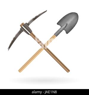 Croce di pala e piccone logo su sfondo bianco Illustrazione Vettoriale