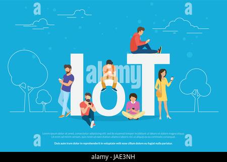 Internet delle cose concetto illustrazione di persone in piedi all'aperto e utilizzando mobile telefoni intelligenti per la gestione on line dei dispositivi collegati. Appartamento uomini una Illustrazione Vettoriale