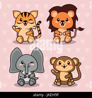 Colore rosa sfondo con cuori sagome con cute kawaii animali selvatici Illustrazione Vettoriale
