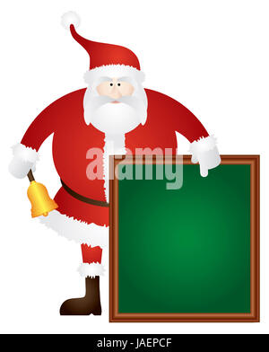 Santa Claus squillo campana dorata e rivolto verso il segno bianco Chalk Board isolati su sfondo bianco illustrazione Foto Stock