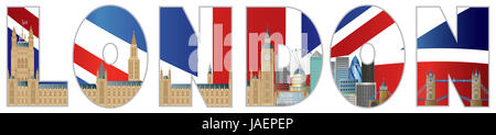 Palazzo di Westminster Case del Parlamento con il Big Ben Clock Tower Londra skyline di Londra testo illustrazione di contorno Foto Stock
