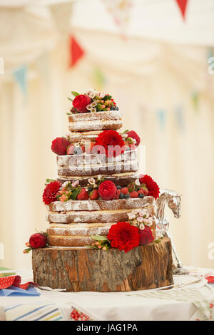 In prossimità di una torta decorata con fragole e panna fresca e fiori rossi, dalie impostato su un tronco di legno. Foto Stock