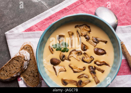 Crema di zuppa di funghi in ciotola su sfondo di pietra. In casa di funghi minestra purea. Foto Stock