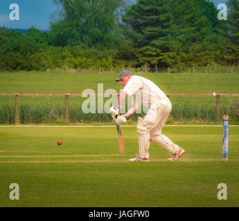 Partita di Cricket di essere riprodotti in un tipico villaggio inglese. Foto Stock