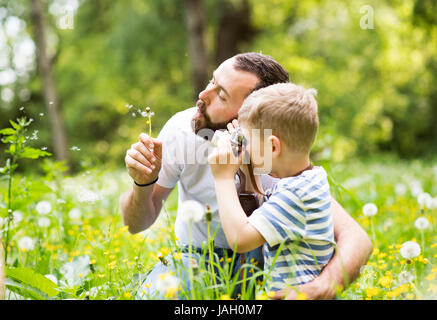 Giovane padre con piccolo ragazzo con telecamera in estate park. Foto Stock