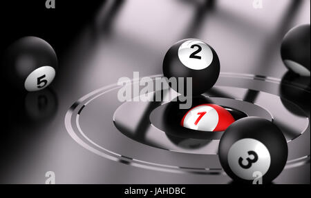 Conceptual 3D Rendering immagine con profondità di campo effetto di sfocatura. Sfera rossa con il numero uno nel centro di bullseye con sfere di nero attorno al bersaglio. Foto Stock
