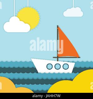 Barca sulla spiaggia illustrazione vettoriale di una barca con una vela rossa è swiming presso la riva del mare in una giornata di sole arte della carta Illustrazione Vettoriale