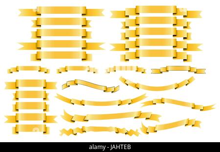 Set di oro giallo vector nastri di seta su sfondo bianco. Forme di Banner adesivo, etichetta e raccolta di decorazione. Illustrazione Vettoriale