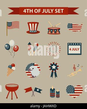 In stile vintage set di icone patriottica Giorno Di Indipendenza dell America. Il 4 luglio la raccolta di elementi di design, isolati su sfondo bianco. Illustrazione Vettoriale, clip-art. Illustrazione Vettoriale