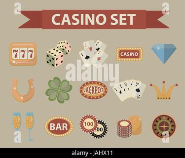 Casino le icone in stile vintage. Impostare il gioco d'azzardo isolato su uno sfondo bianco. Poker, giochi di carte, un bandito armato, roulette raccolta di elementi di design. Illustrazione Vettoriale, clip art. Illustrazione Vettoriale