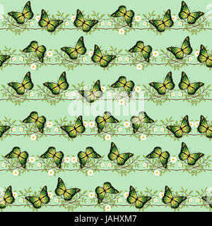 Modello di natura verde con farfalle, ramoscelli e margherite su uno sfondo verde chiaro. Arte digitale. Foto Stock