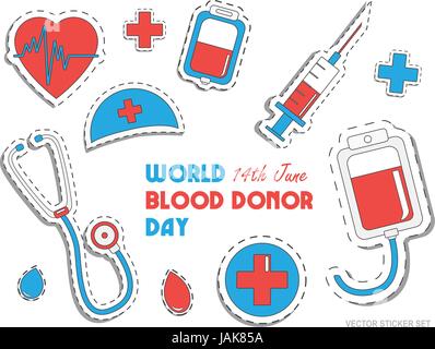 Mondiale del donatore di sangue al giorno. International holiday. donare il sangue e salvare la vita. Donazione dare amore. Ullustration vettore di adesivi. Pack di icone per la progettazione Illustrazione Vettoriale