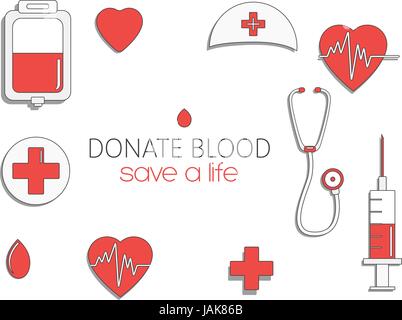 Mondiale del donatore di sangue al giorno. International holiday. donare il sangue e salvare la vita. Donazione dare amore. Ullustration vettore di adesivi. Pack di icone per desig Illustrazione Vettoriale
