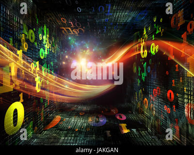 Numero di serie del tunnel. Il design dello sfondo colorato e i numeri e le onde della luce in prospettiva sul tema dei computer, matematica, scienza e istruzione Foto Stock