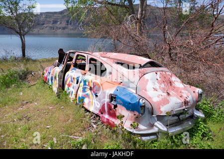 Un abbandonato anni cinquanta Hudson auto a sinistra in Columbia River Gorge. Foto Stock