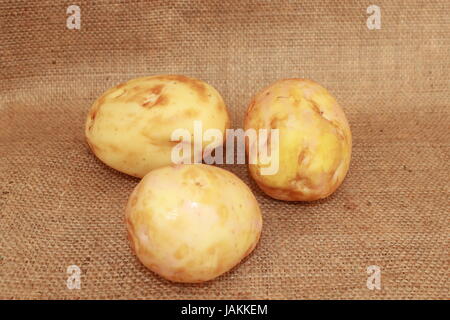 Tre gustose potato sulla barra grigia saccheggi Foto Stock