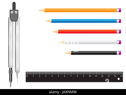 Sfondo costituito di righello, Compasso per disegno tecnico, penne, matite,  gomma isolati su sfondo bianco Foto stock - Alamy