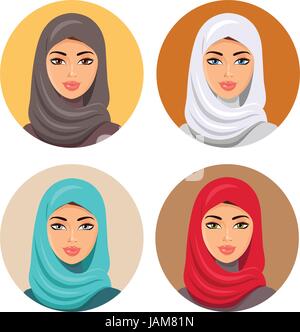 Bella donna musulmana set di icone ritratto femminile in hijab illustrazione vettoriale Illustrazione Vettoriale