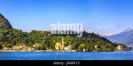 Tremezzo Tremezzina in Como lake district. Italiano tradizionale villaggio sul lago e sul giardino. Vista panoramica. L'Italia, l'Europa. Foto Stock