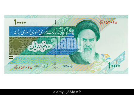 Iraniane di dieci mila rial banconota su sfondo bianco Foto Stock