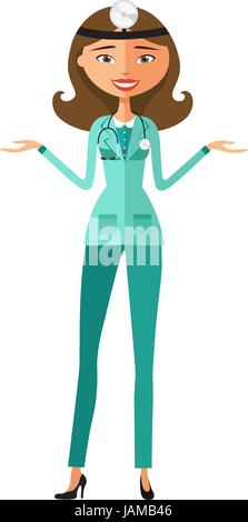 Donna divertente cartoon scienziato medico presentando flat cartoon illustrazione vettoriale Illustrazione Vettoriale