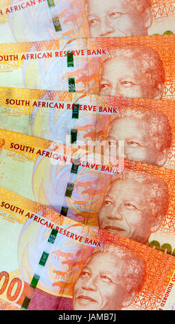 South African Rand moneta note dotate di immagine di Nelson Mandela Foto Stock