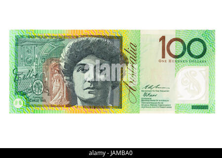 Australian One Hundred Dollar banconota su sfondo bianco Foto Stock