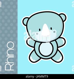 Carino piccolo bambino rhino e testo in design piatto su un solido color nero su sfondo bianco e contorno facile isolamento Illustrazione Vettoriale