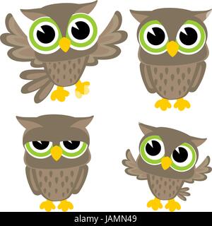 Set di quattro simpatici gufi isolati su sfondo bianco Illustrazione Vettoriale