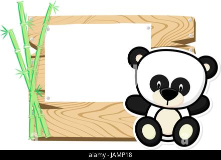 Illustrazione della cute baby panda su tavola di legno con segno bianco isolato su sfondo bianco Illustrazione Vettoriale