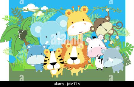Illustrazione vettoriale di graziosi jungle baby animali e piante nella giungla Illustrazione Vettoriale