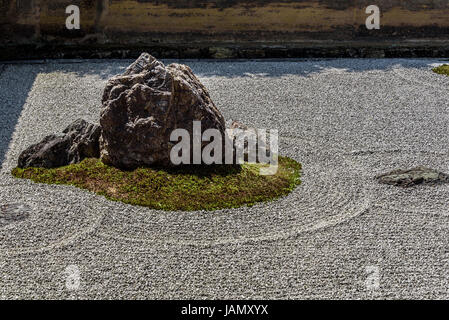 Karesansui, rastrellata giardino di roccia, il tempio di Ryoanji. Tipica giapponese giardino zen. Foto Stock