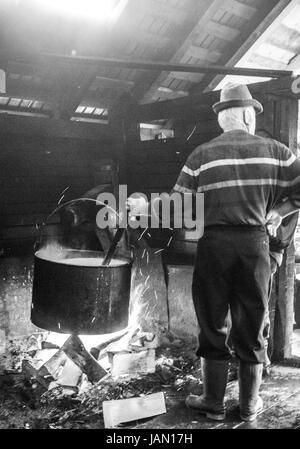 Campagna rumena, casari, vecchio processo tradizionale, il focolare al centro della casa. Maramures mountains. Foto Stock