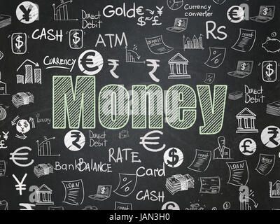 Concetto di valuta: Chalk testo verde denaro sul bordo della scuola con sfondo disegnato a mano le icone delle finanze, School Board Foto Stock