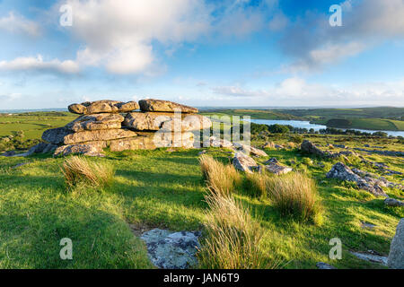 La vista dalla cima di Tregarrick Tor che si affaccia sul lago Siblyback su Bodmin Moor in Cornovaglia Foto Stock