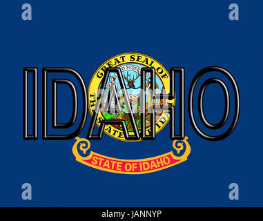 Illustrazione della bandiera di Idaho stato in America con lo stato scritto sulla bandiera. Foto Stock