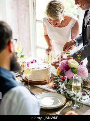 Coppia senior mani il taglio di torta di nozze Foto Stock