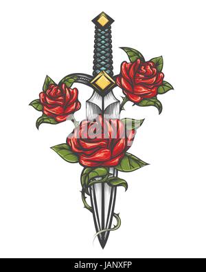 Tatuaggio tradizionale con rose fiori e pugnale coltello. Illustrazione di vettore isolato. Tatuaggio colorate in stile di incisione per l'uso. Illustrazione Vettoriale