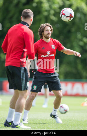 Hensol, Wales, Regno Unito. 07Th Giugno, 2017. Hensol, Wales, Regno Unito, 7 giugno 2017. Joe Allen durante il Galles squadra nazionale della formazione a Hensol Castle davanti a lato la Coppa del Mondo FIFA 2018 match di qualificazione contro la Serbia. Foto di credito: Mark Hawkins/Alamy Live News Foto Stock