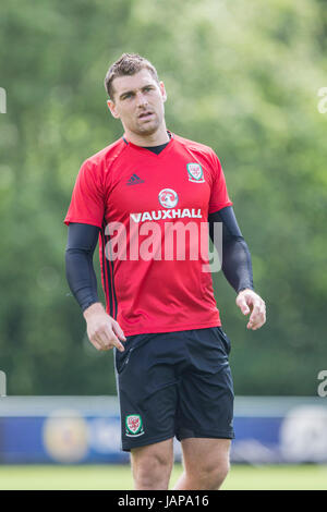 Hensol, Wales, Regno Unito. 07Th Giugno, 2017. Hensol, Wales, Regno Unito, 7 giugno 2017. Sam Vokes durante il Galles squadra nazionale della formazione a Hensol Castle davanti a lato la Coppa del Mondo FIFA 2018 match di qualificazione contro la Serbia. Foto di credito: Mark Hawkins/Alamy Live News Foto Stock