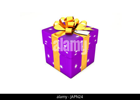 3d illustrazione: viola - viola confezione regalo con stella dorata di nastro metallico / prua e tag su uno sfondo bianco isolato. Foto Stock