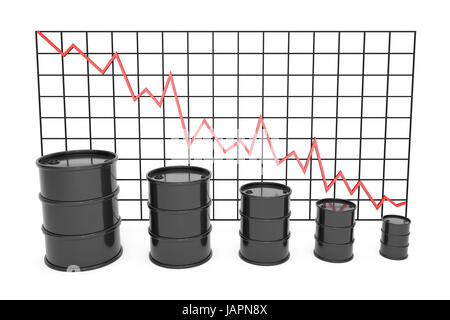 3d illustrazione: Nero di barili di olio diagramma grafico borsa con linea rossa freccia su una griglia. Business di petrolio, oro nero, produzione di benzina. Foto Stock