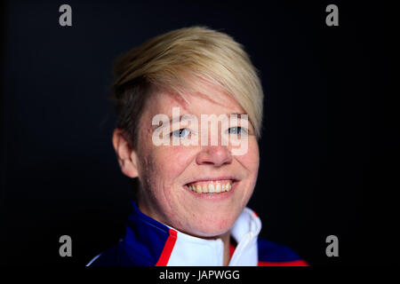 Gran Bretagna Jo Butterfield durante il British atletica Para team di lancio per il mondo Para atletica al London Stadium. Foto Stock