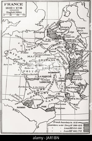 Mappa di Francia, 1610 - 1715. Dalla Francia, medievali e moderne di una storia, pubblicato 1918. Foto Stock