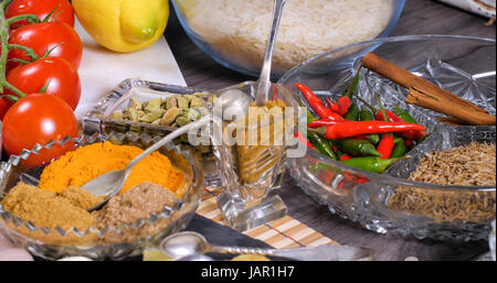 Vista ravvicinata di ingredienti e spezie indiane per pollo tikka masala Foto Stock