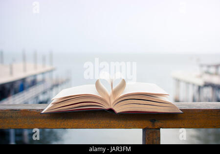 Forma di cuore fatto di aprire le pagine del libro in riva al mare Foto Stock