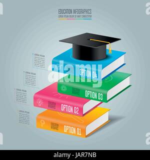 Istruzione infographics modello fase 4 opzione. Tappo di graduazione e libri con timeline infografico vettore di progettazione e commercializzazione di icone per la presentazione, Illustrazione Vettoriale