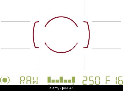 Generico mirino della fotocamera vista guardando attraverso la lente con le impostazioni della fotocamera e area di messa a fuoco Illustrazione Vettoriale