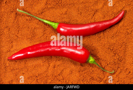 Due red hot chili di frutta in polvere di peperoncino sfondo Foto Stock